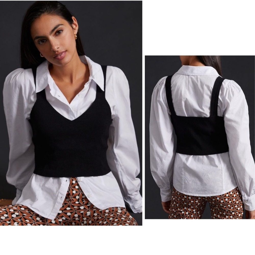 Anthropologie Sweater Vest with Button Down Blouse Top Size Small